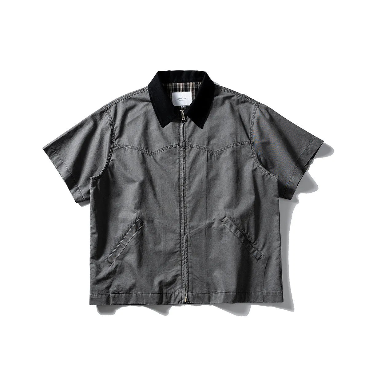 Khaki and grey cotton short sleeve overall shirt with loose fit cardigan styling for teenagers