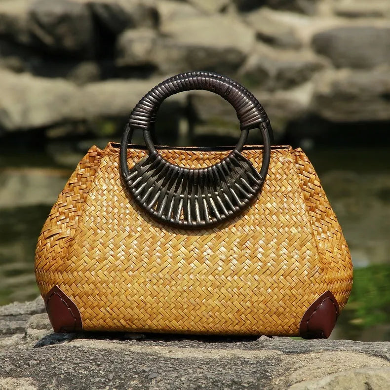 Handwoven rattan straw bag with wooden handle and cotton lining, 32 cm, in khaki colour