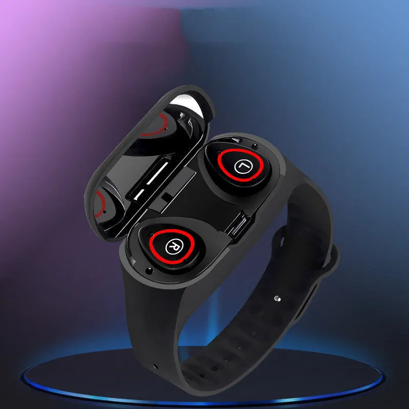 Smart bracelet earphone combo wearable device with 1 inch screen shown in blue, black, and red colour options