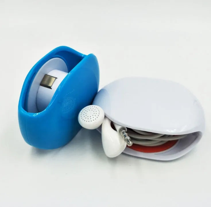 Automatic earphone retractor winder with telescopic reel and small storage box.