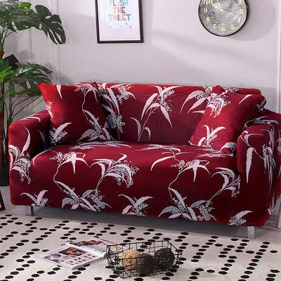 Geometric print polyester sofa slipcover stretched over sofa with matching pillowcase