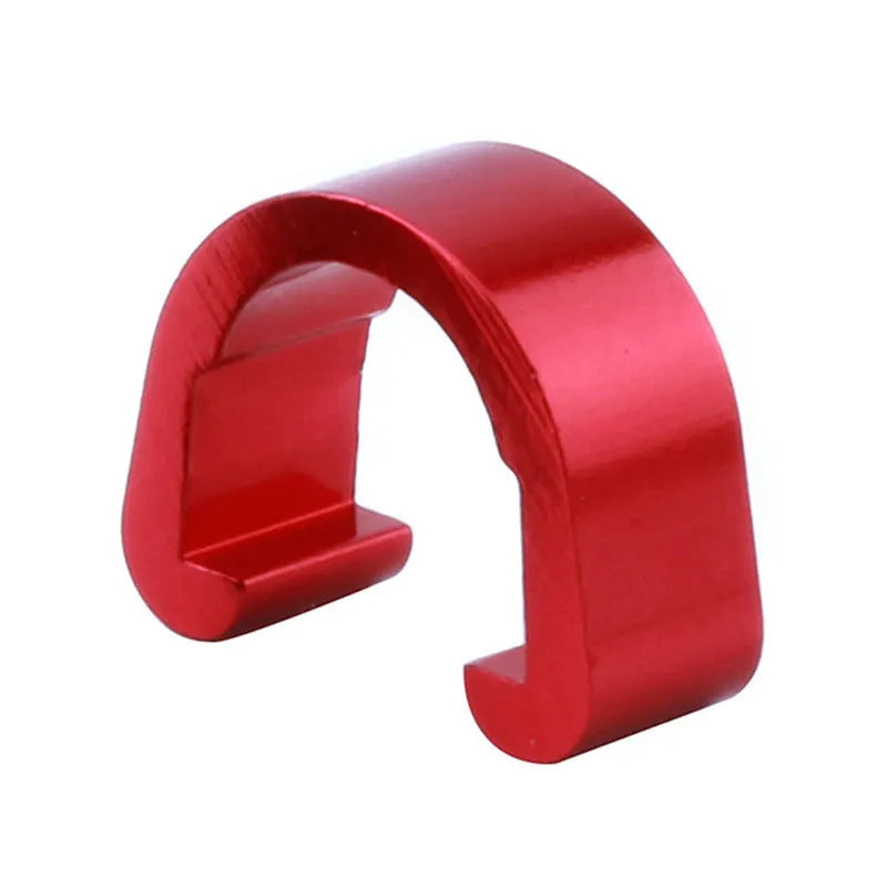 Set of ten small aluminium alloy C-shaped buckles in assorted colours including black, blue, gold, and pink.
