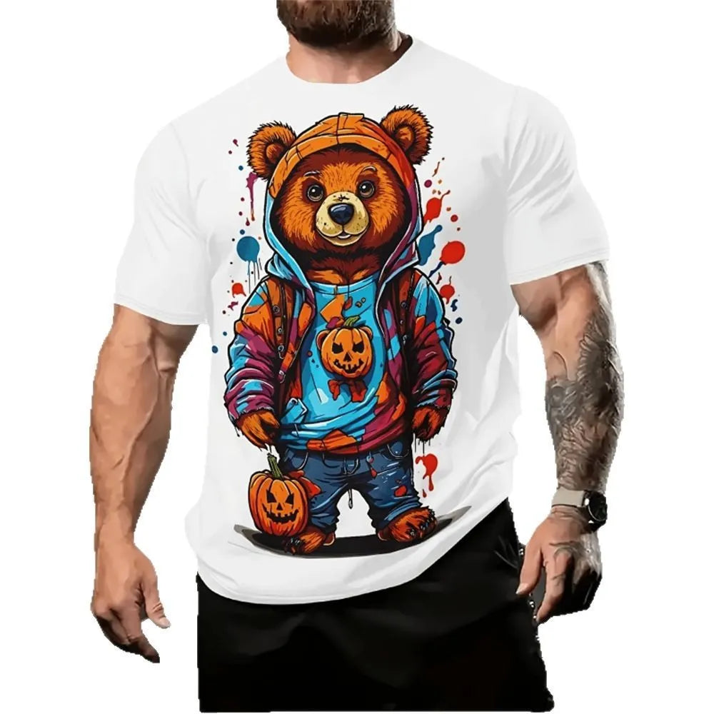 Men's loose fit casual t-shirt with 3D cartoon graphic print in milk silk linen fabric