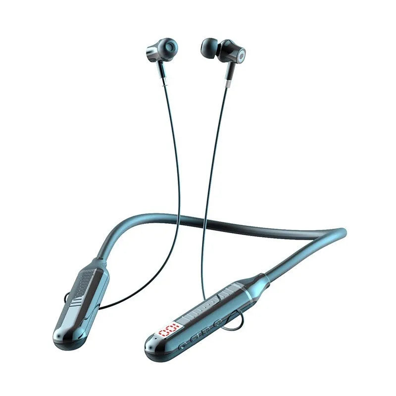 Wireless Bluetooth sports headset with neck-hanging design showing black colour option