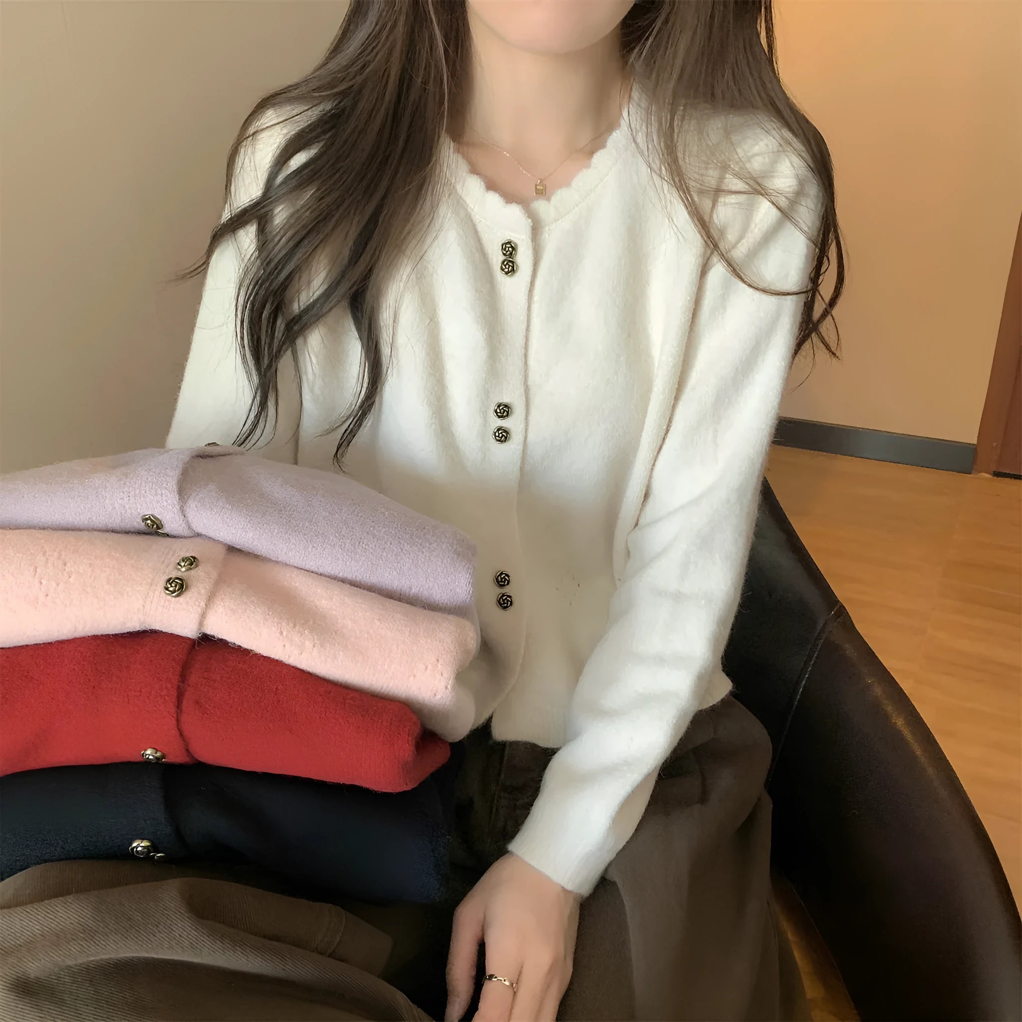 Women's acrylic long-sleeved cardigan coat in free size available in five colours