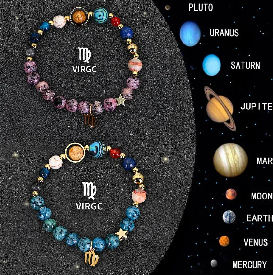 Two natural stone beaded zodiac bracelets laid side by side, showing different stone textures and colours.