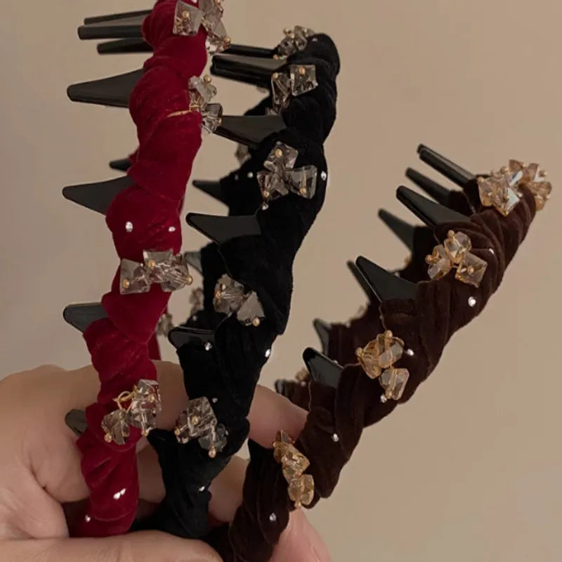 French velvet crystal wave hair pressing headband in black hand-beaded design with non-slip high head construction
