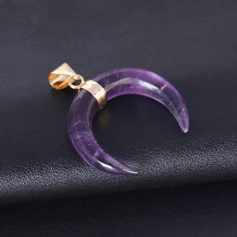 Crystal moon pendant necklace with natural stone charm on adjustable copper chain