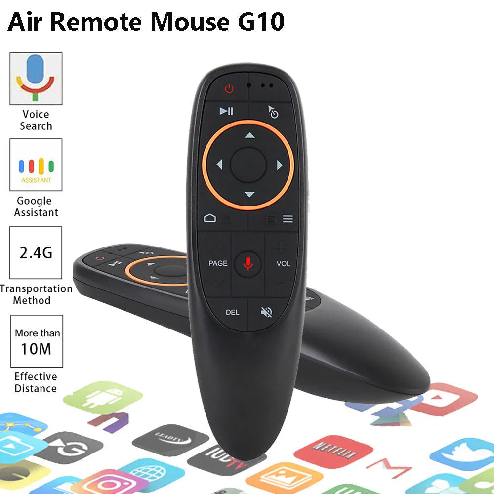 G10 series intelligent voice remote control with silicone buttons and plastic housing showing three colour variants