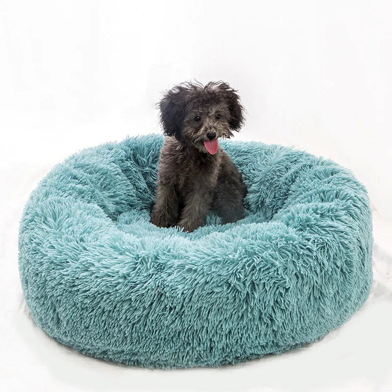 Plush pet nest in apricot colour on floor, soft cloth circular dog bed 40cm diameter indoor use