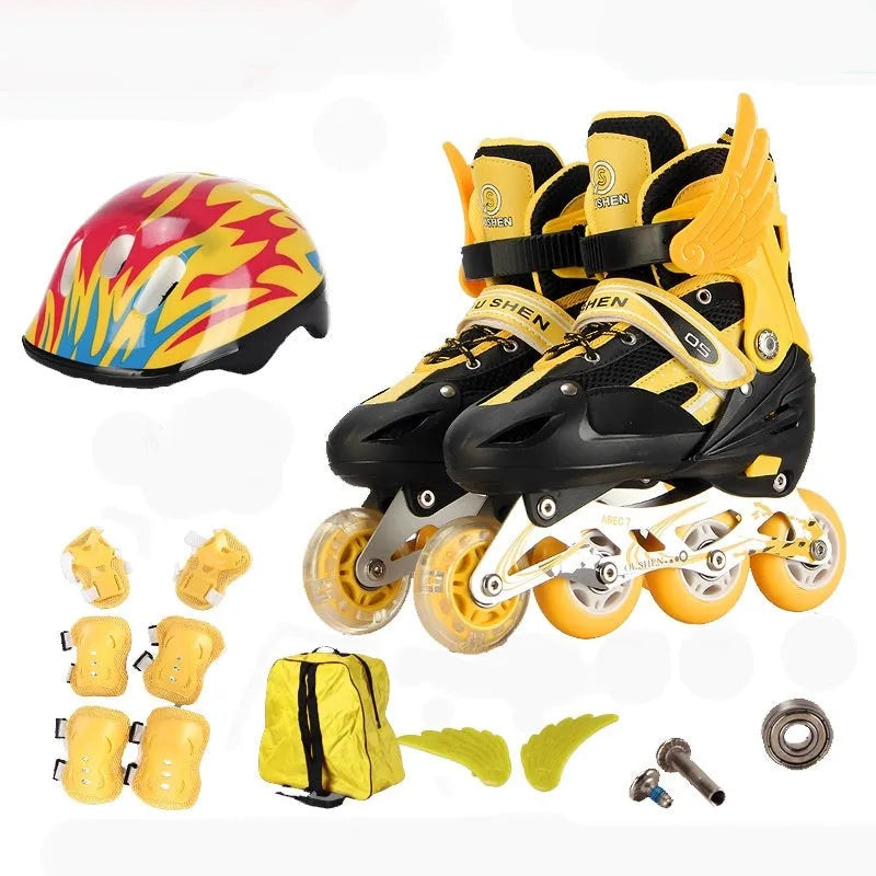 Adjustable children's roller skates in various colours with PU wheels, aluminium frame, and included protective gear set.