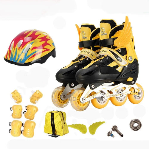Adjustable children's roller skates in various colours with PU wheels, aluminium frame, and included protective gear set.