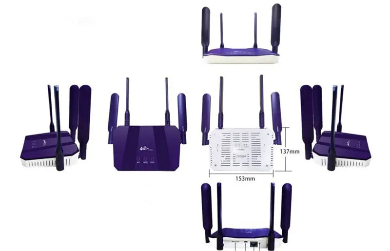 Blue 4G dual-mode router with four external antennas on a desk