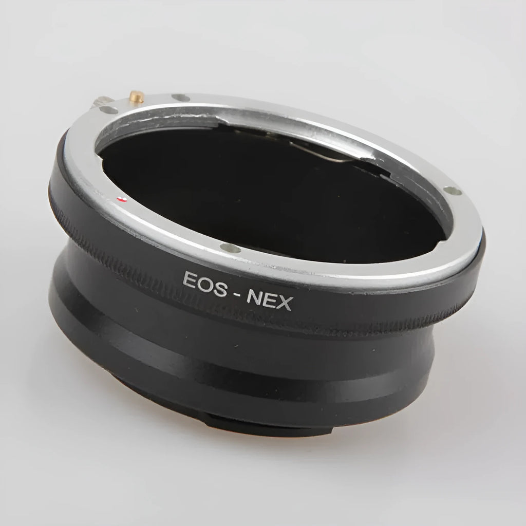 Black metal EOS-NEX lens adapter ring for mounting Canon lenses on Sony E-mount cameras