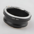 Black metal EOS-NEX lens adapter ring for mounting Canon lenses on Sony E-mount cameras