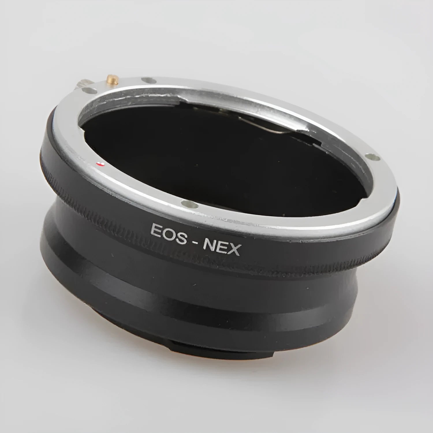Black metal EOS-NEX lens adapter ring for mounting Canon lenses on Sony E-mount cameras