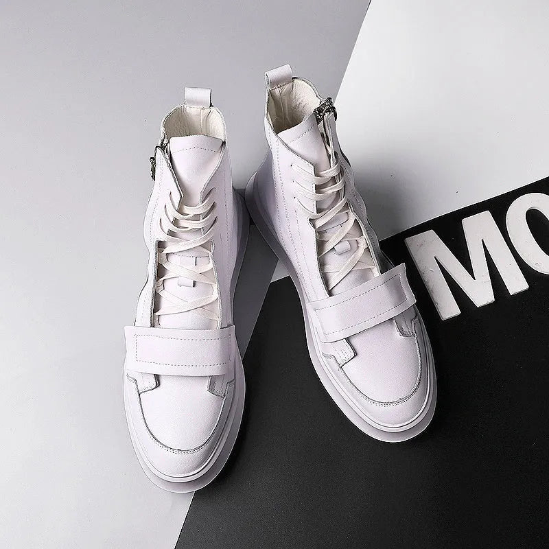 PU leather men's winter ankle boots in black and white high-top sneaker style
