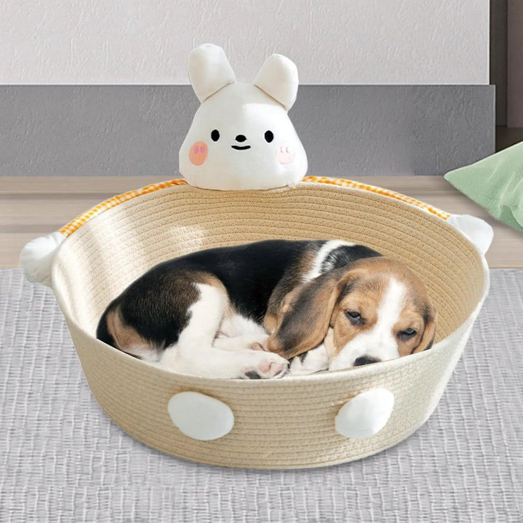 Woven cotton rope cat bed basket with scratching pad in bear design, shown next to a cat.