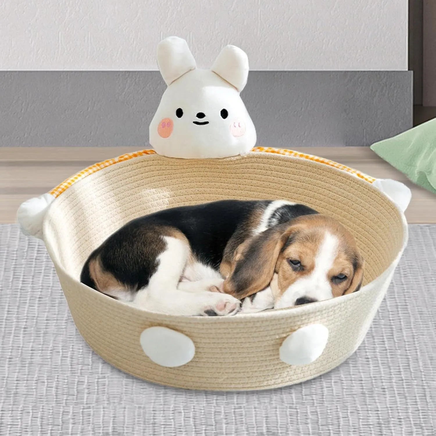 Woven cotton rope cat bed basket with scratching pad in bear design, shown next to a cat.