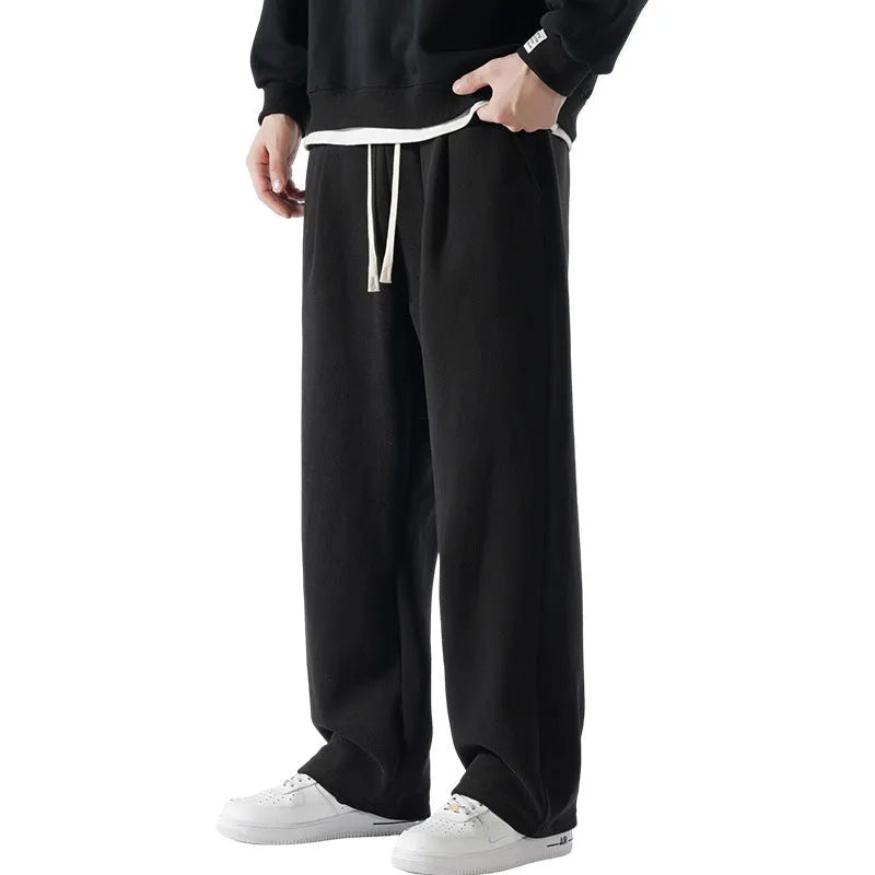 Men's fleece-lined winter sports trousers in Korean loose style with drawstring waist