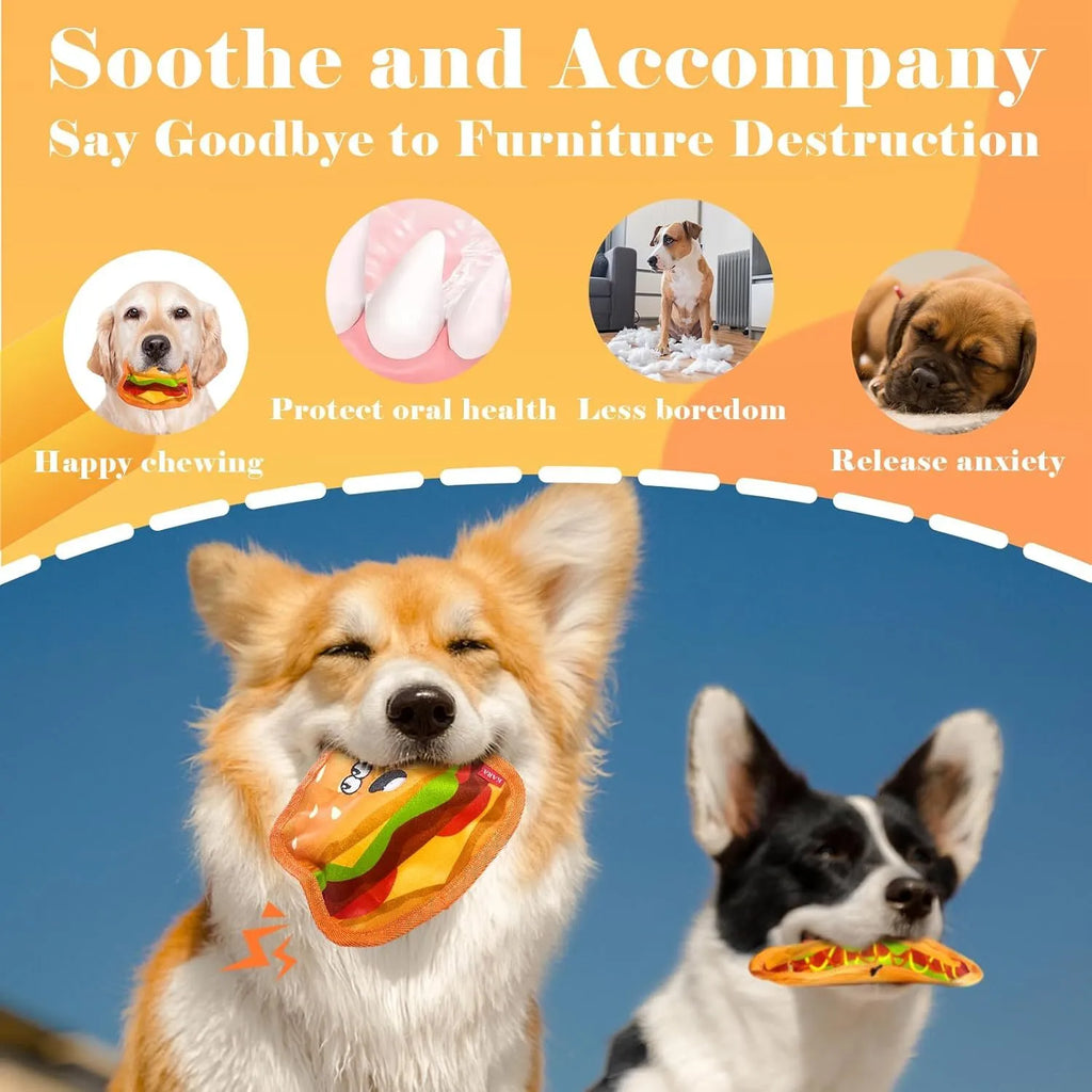 Hamburger-shaped dog chew toy with red, yellow and brown colours showing crinkle and squeak features