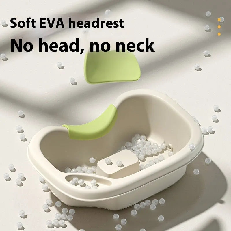 Light pink and beige plastic shampoo basin sets for bed use, showing adjustable neck pillow, water pump, and massage brush.