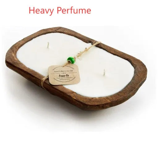 Retro-style lavender aromatherapy candle in a wooden basin made from soy wax.
