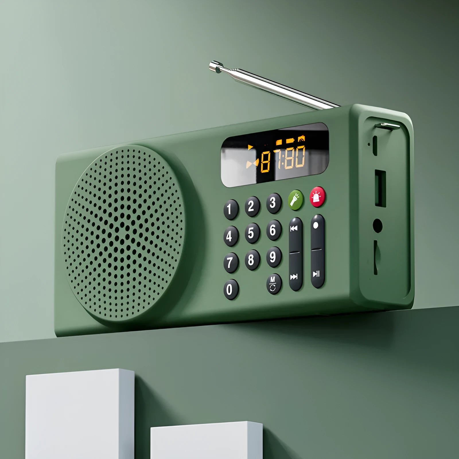 V70 portable emergency radio in white with buttons and speaker grille, showing Bluetooth and FM modes, 160x46x76mm size
