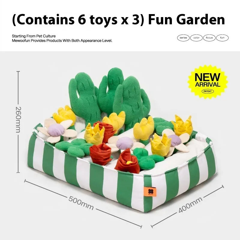 Plastic fabric dog sniffing mat with food hiding design in garden camping theme