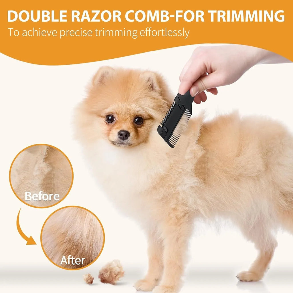 Pet razor comb with trimming blades and detangling teeth for dog cat grooming