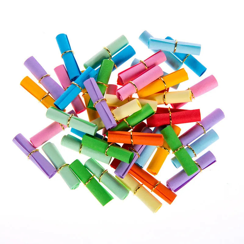Multi-coloured mini paper scrolls with metal eyelets in 3x7cm, 4x7cm, 5x5cm, and 7x7cm sizes for drift bottle messages