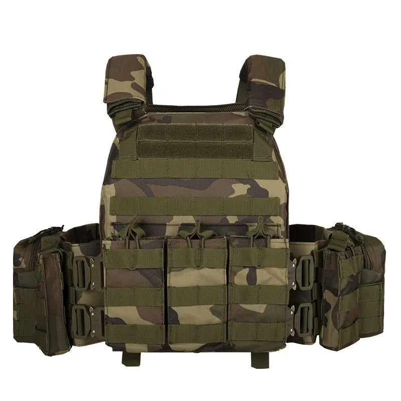Men's camouflage pattern tactical vest made from polyester fabric for outdoor sports.