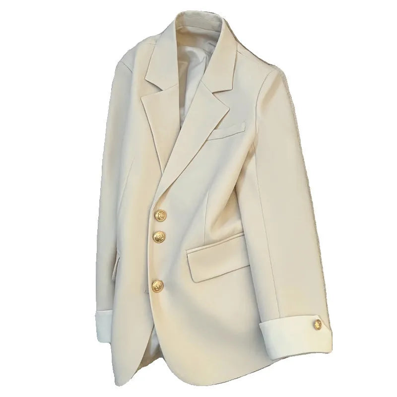 Beige Korean-style loose fit mid-length women's coat with long sleeves and pockets.