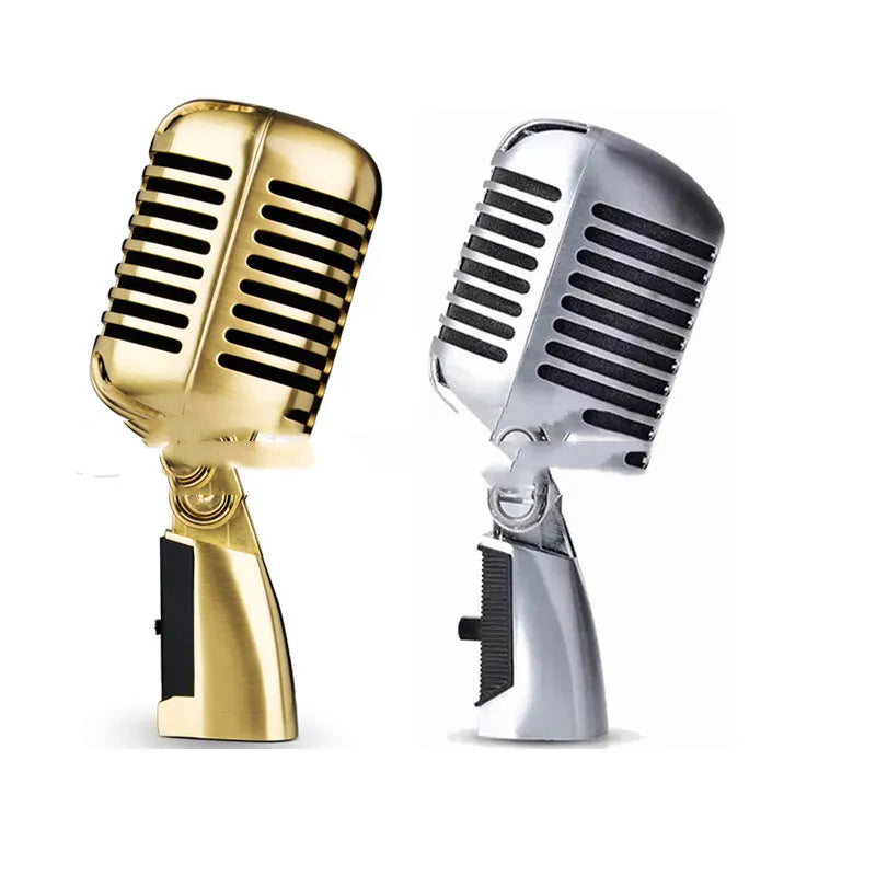 All-metal retro dynamic microphone in silver finish with measurements 185mm height by 80mm diameter