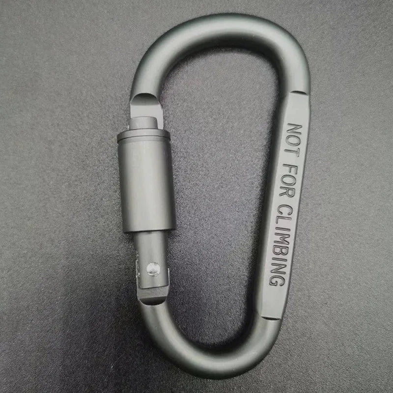 D-type aluminium carabiner with lock measuring 8cm in multiple colour options