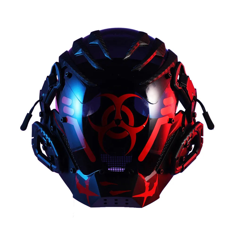 Black full face prop mask helmet for cyberpunk cosplay and themed parties.