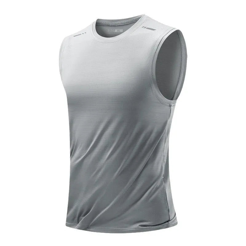 Men's loose-fit bamboo fibre polyester sleeveless vest in grey on a hanger.