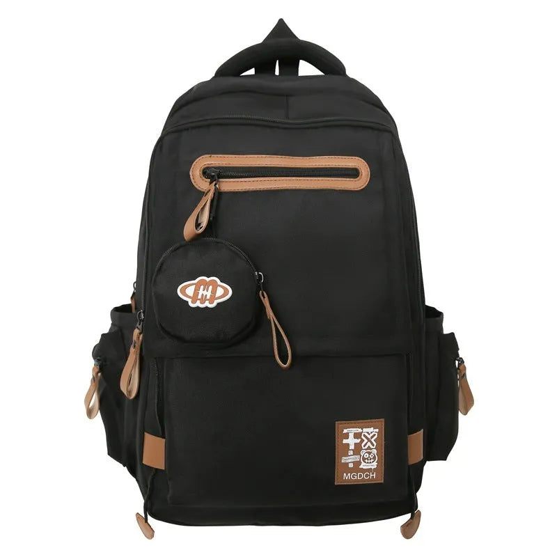 Large-capacity nylon school backpack for middle school students in solid colour with curved shoulder straps