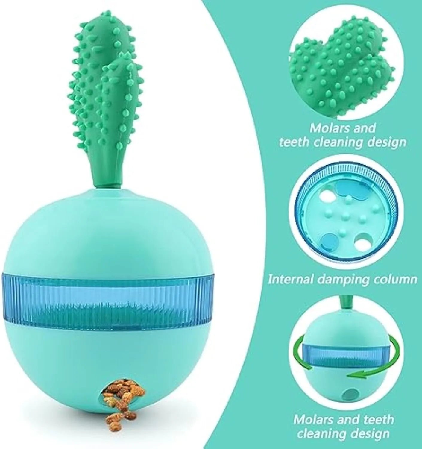 Blue and green durable rubber treat dispensing ball for medium large dogs with tumbler design