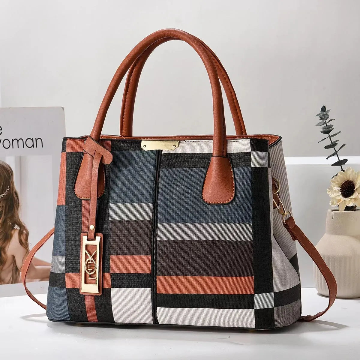 Women's large capacity square shoulder bag in soft PU leather with leather strap