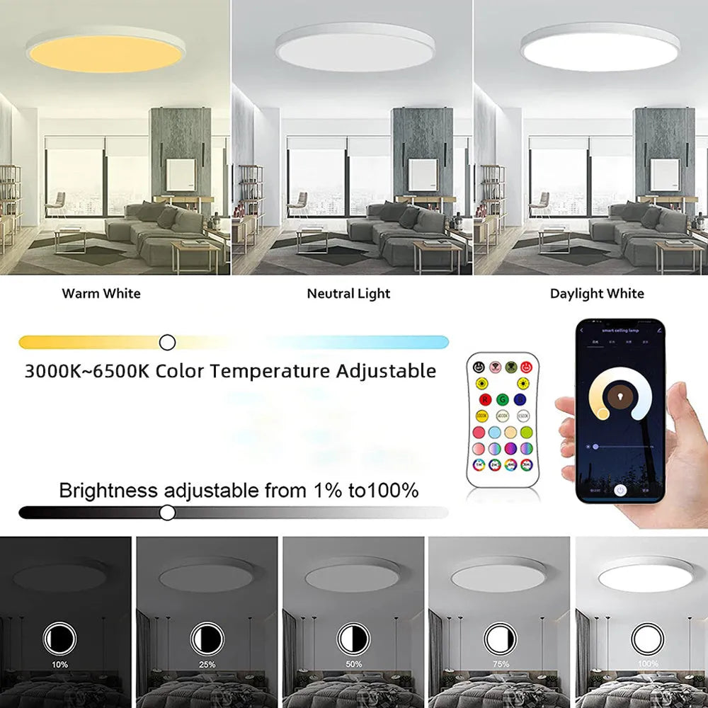 RGBCW Bluetooth ceiling lamp with 300mm diameter in black or white finish showing app control interface
