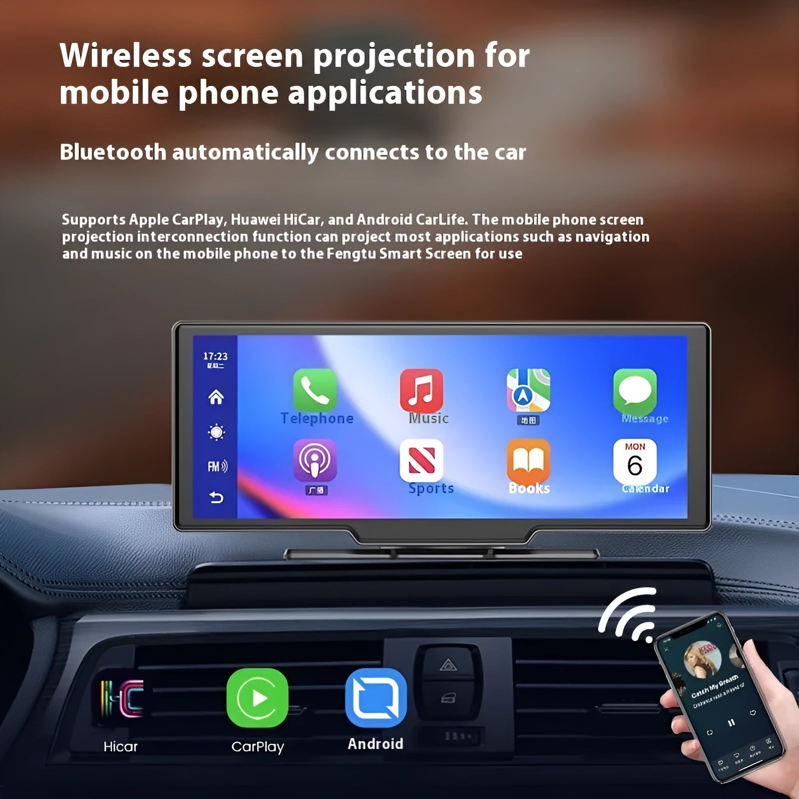 10 inch car touchscreen smart system with CarPlay, navigation, and dual dash cam recording on a dashboard