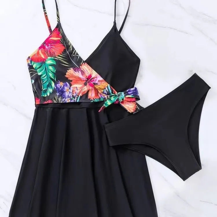 Black women's high waist briefs with a printed split bikini design for sports and swimming.