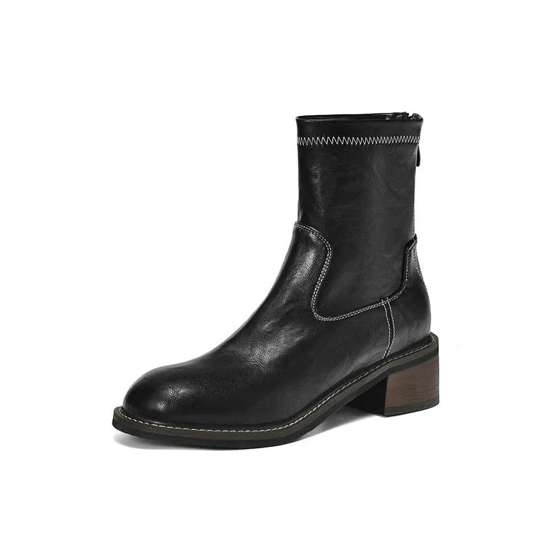 Women's casual mid-heel Martin boots with artificial PU upper and front lacing in black and brown