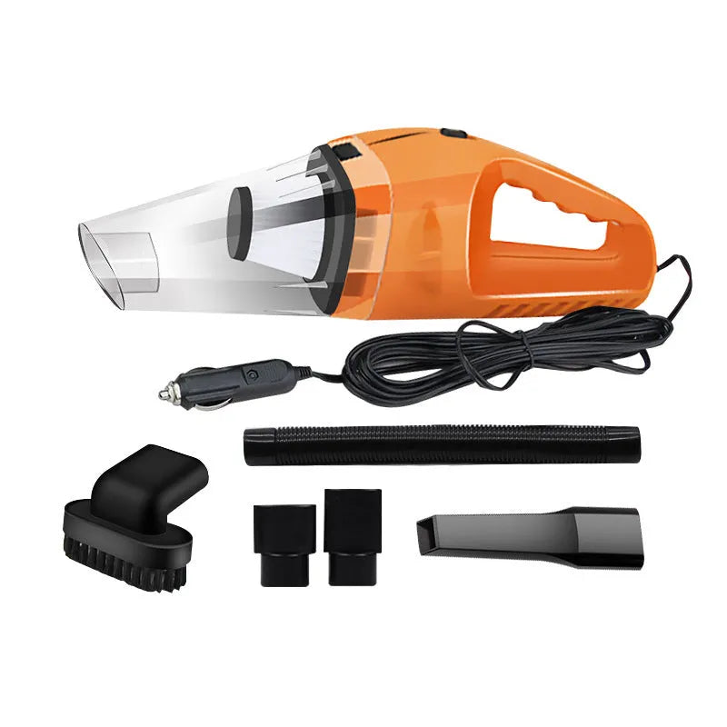 12V handheld car vacuum cleaner in orange, black, or blue with multiple nozzles and a long power cable.