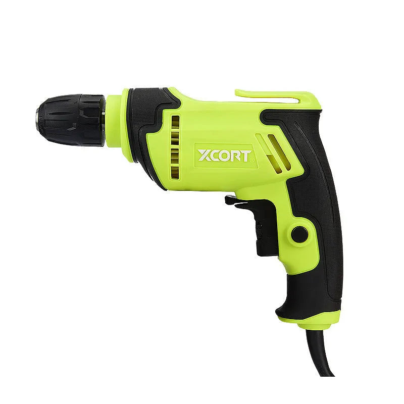 Black pistol grip electric drill with a 10mm chuck on a workbench