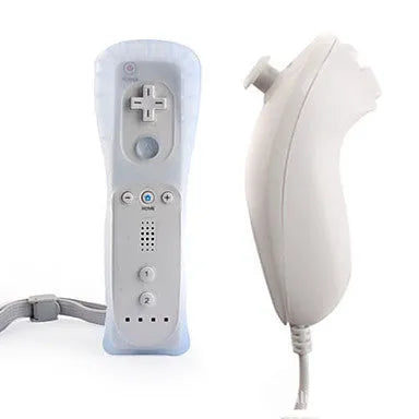Wii wireless left and right gamepad controller set showing black, light blue, pink, red and white colour options
