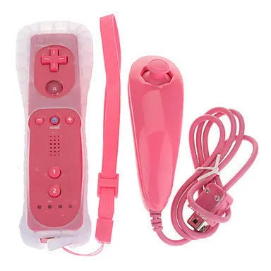 Wii wireless left and right gamepad controller set showing black, light blue, pink, red and white colour options