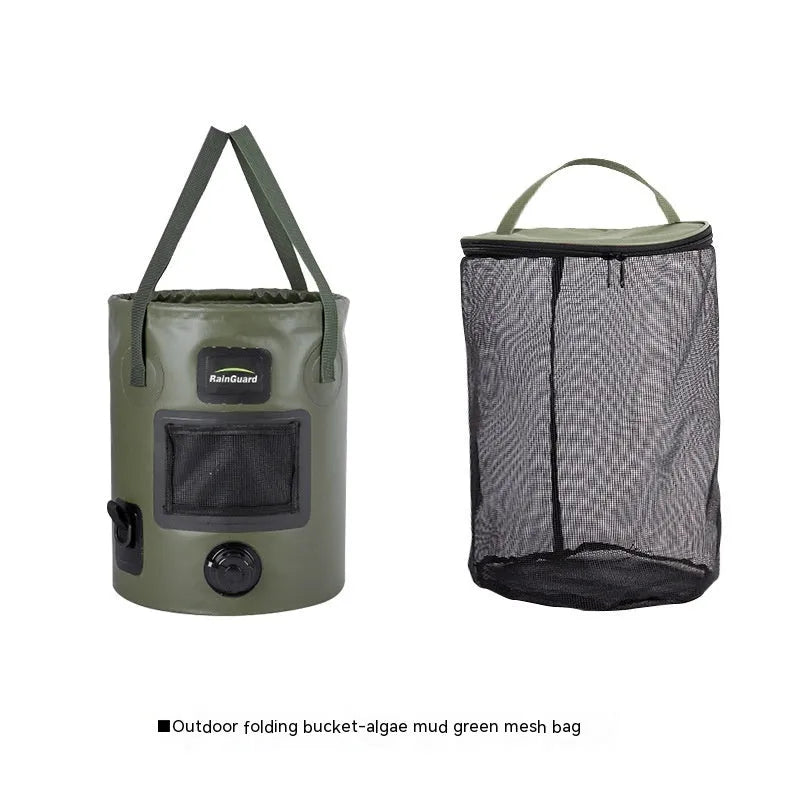Plastic folding fishing bucket showing collapsible design and colour options with optional net pocket