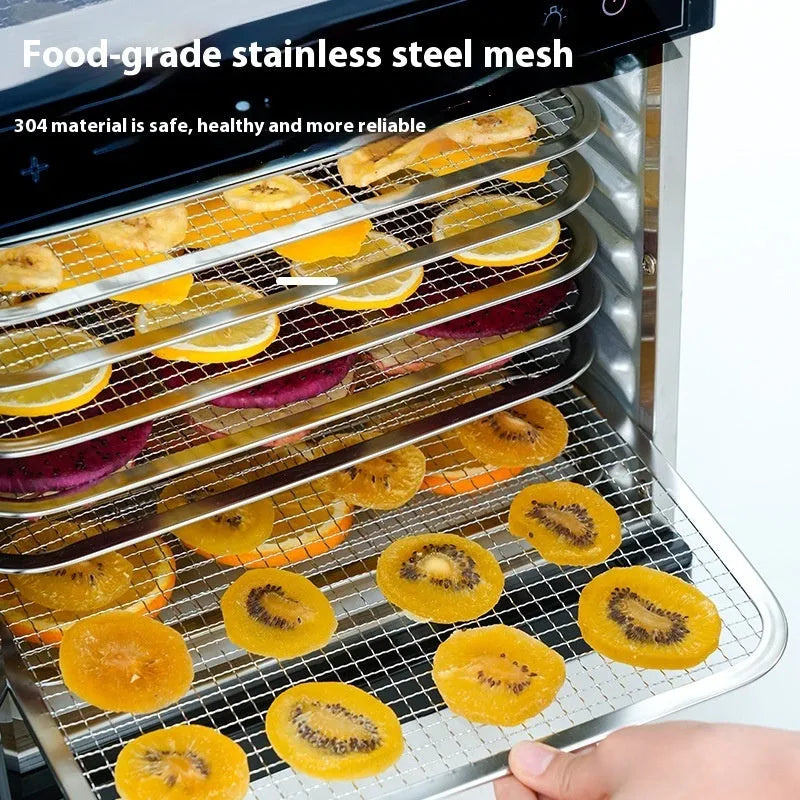 Stainless steel fruit dehydrator with multiple trays and an LED control panel.
